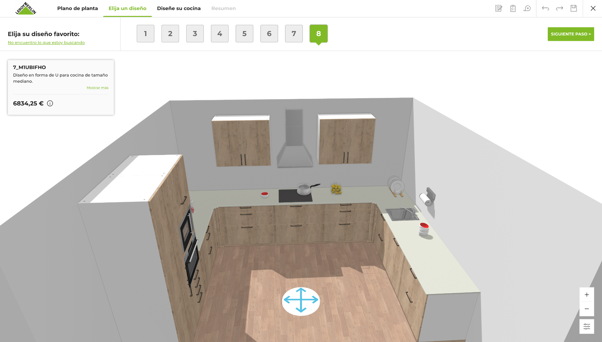 Leroy Merlin kitchen configurator interface showing a kitchen designed in a U layout, with cabinets, appliances, price and step navigation.