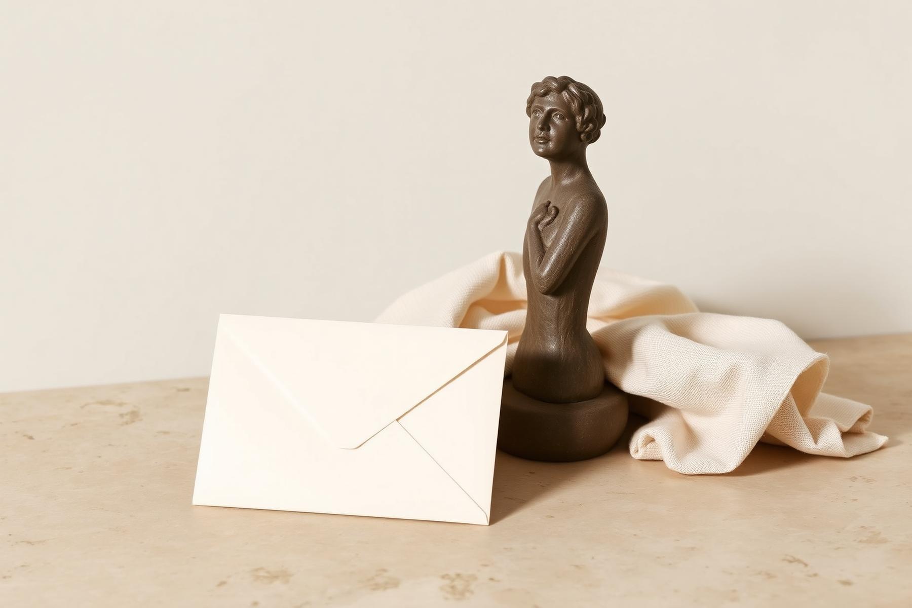 A small bronze figure beside a folded linen cloth and a plain cream envelope on a light stone surface.