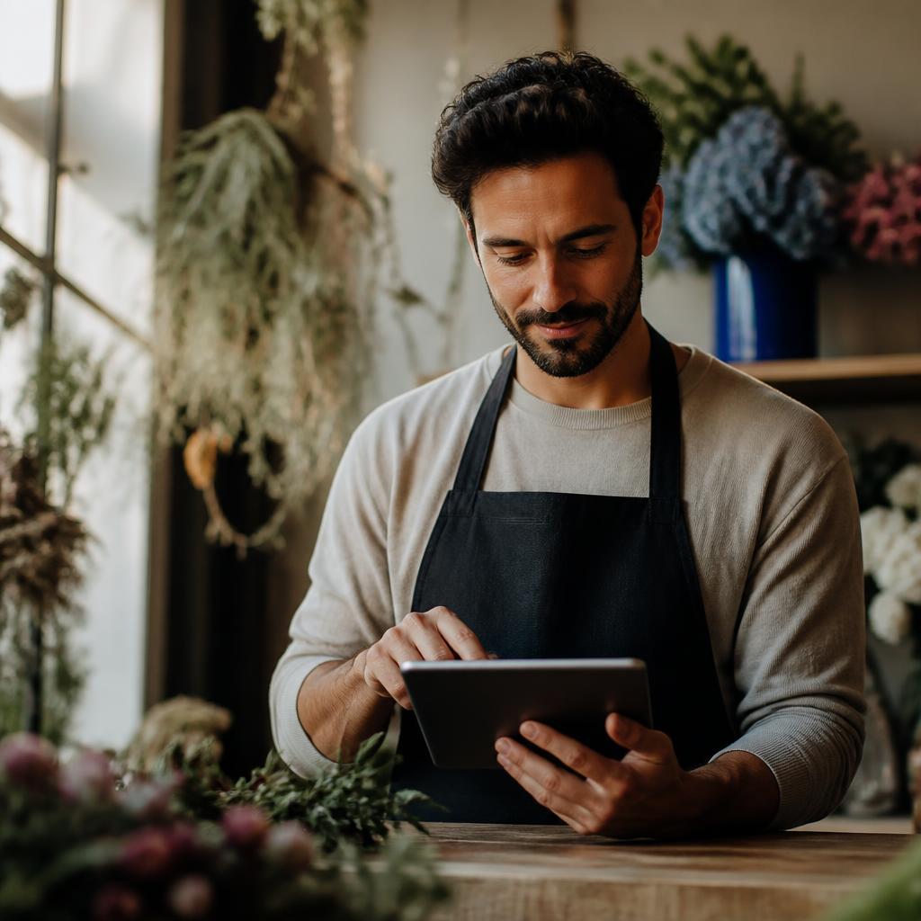 A florist quietly reviews information on a tablet at his shop counter, surrounded by natural daylight and dried flowers with a small vibrant blue vase behind him.