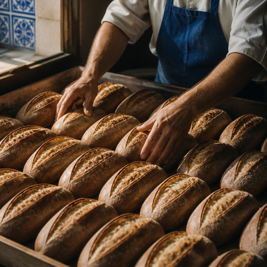 A baker's hands carefully arrange identical loaves of sourdough in rhythmic rows on a wooden tray beside a window with small vibrant blue tiles.