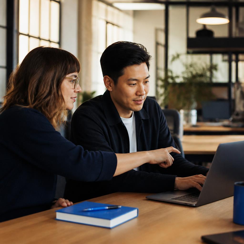 Two colleagues sit side by side at a warm wood desk in a bright office, one pointing at a laptop while the other types, with a vibrant blue notebook resting between them.