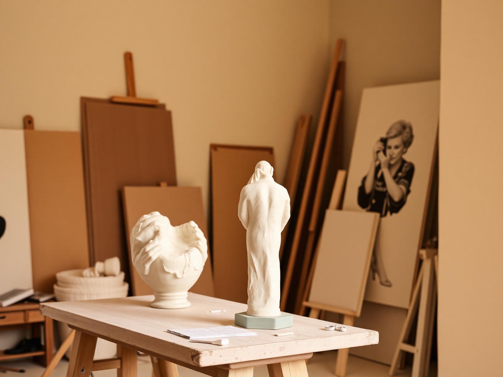 An artist's studio with sculptures in progress on a wooden worktable and canvases resting against the wall.