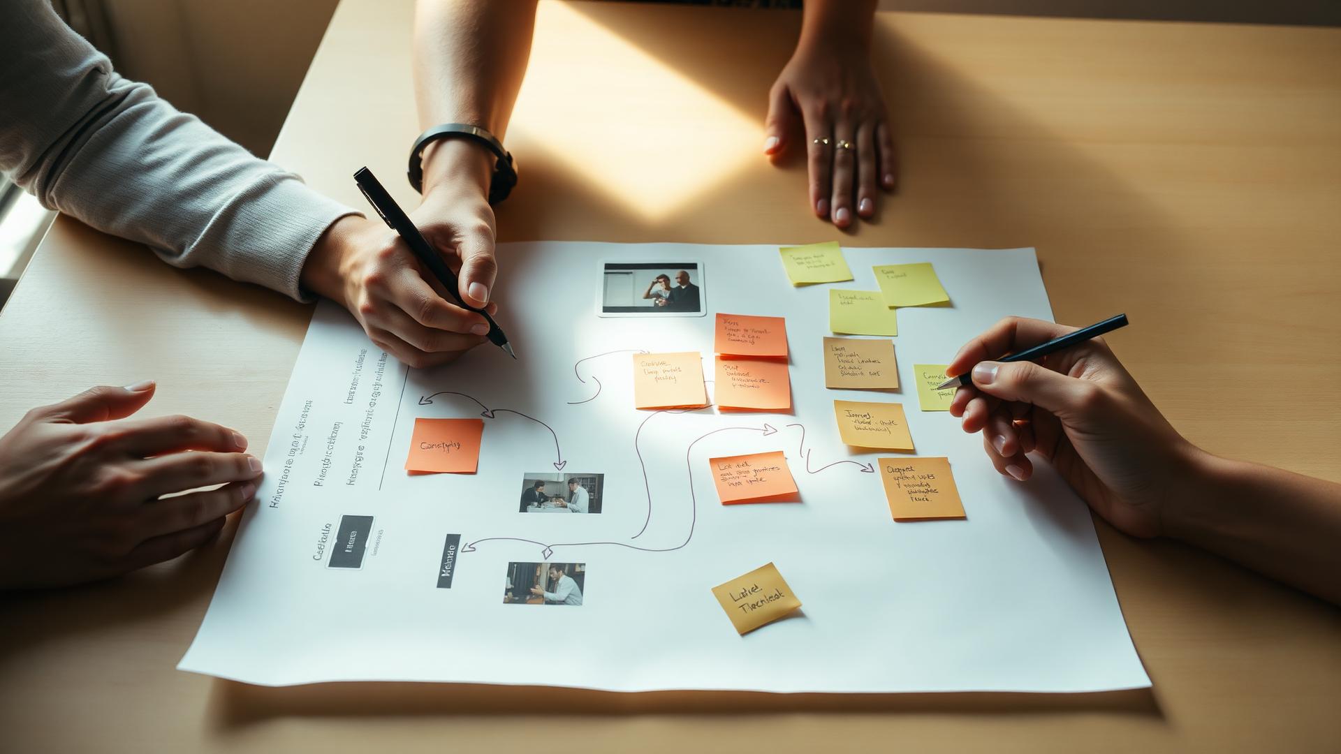 Two people annotating a large kitchen journey mapping sheet with sticky notes and printed research artefacts on a warm-lit table.