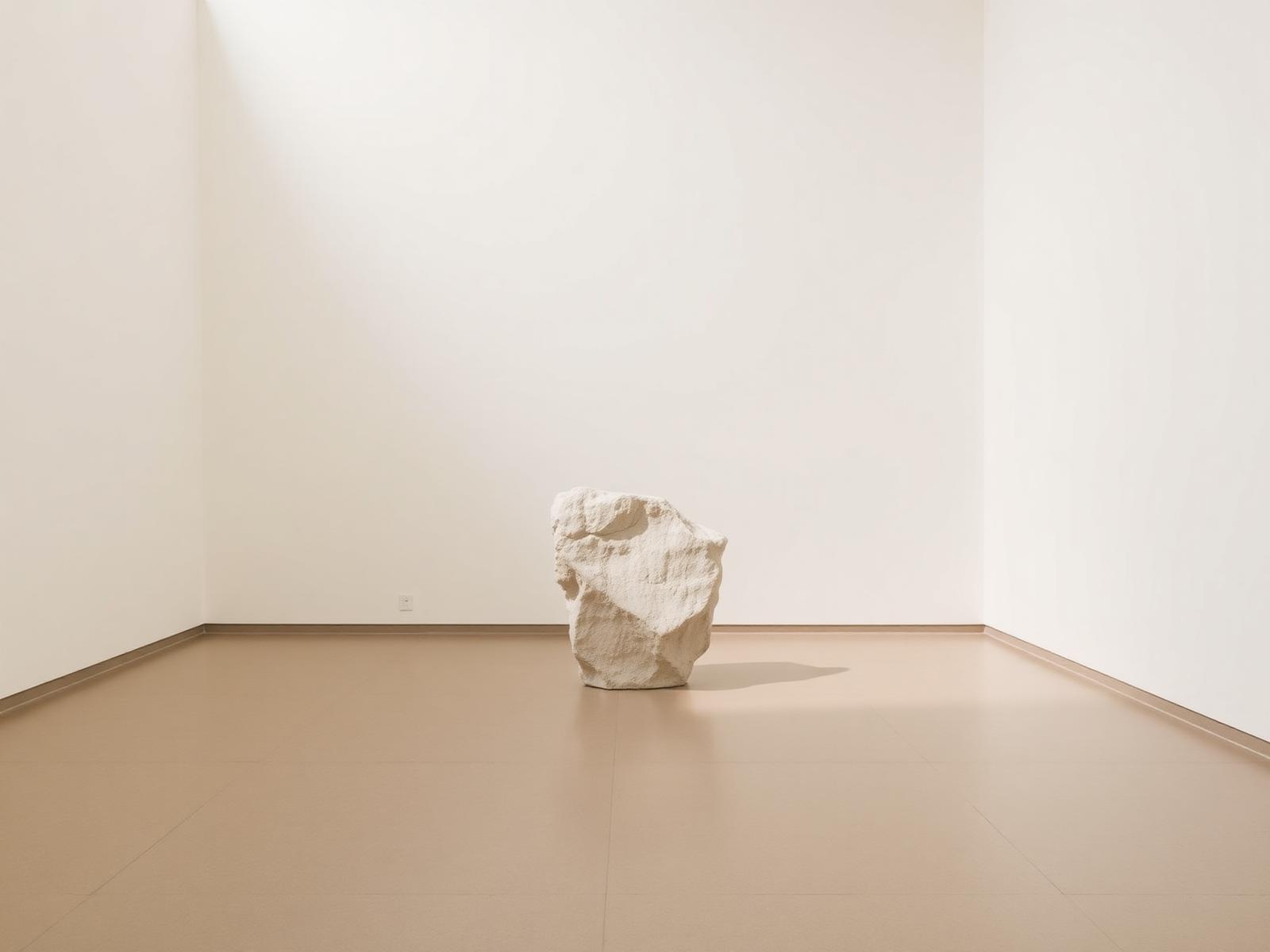 A raw stone sculpture stands in a bright minimalist gallery, framed by generous negative space.