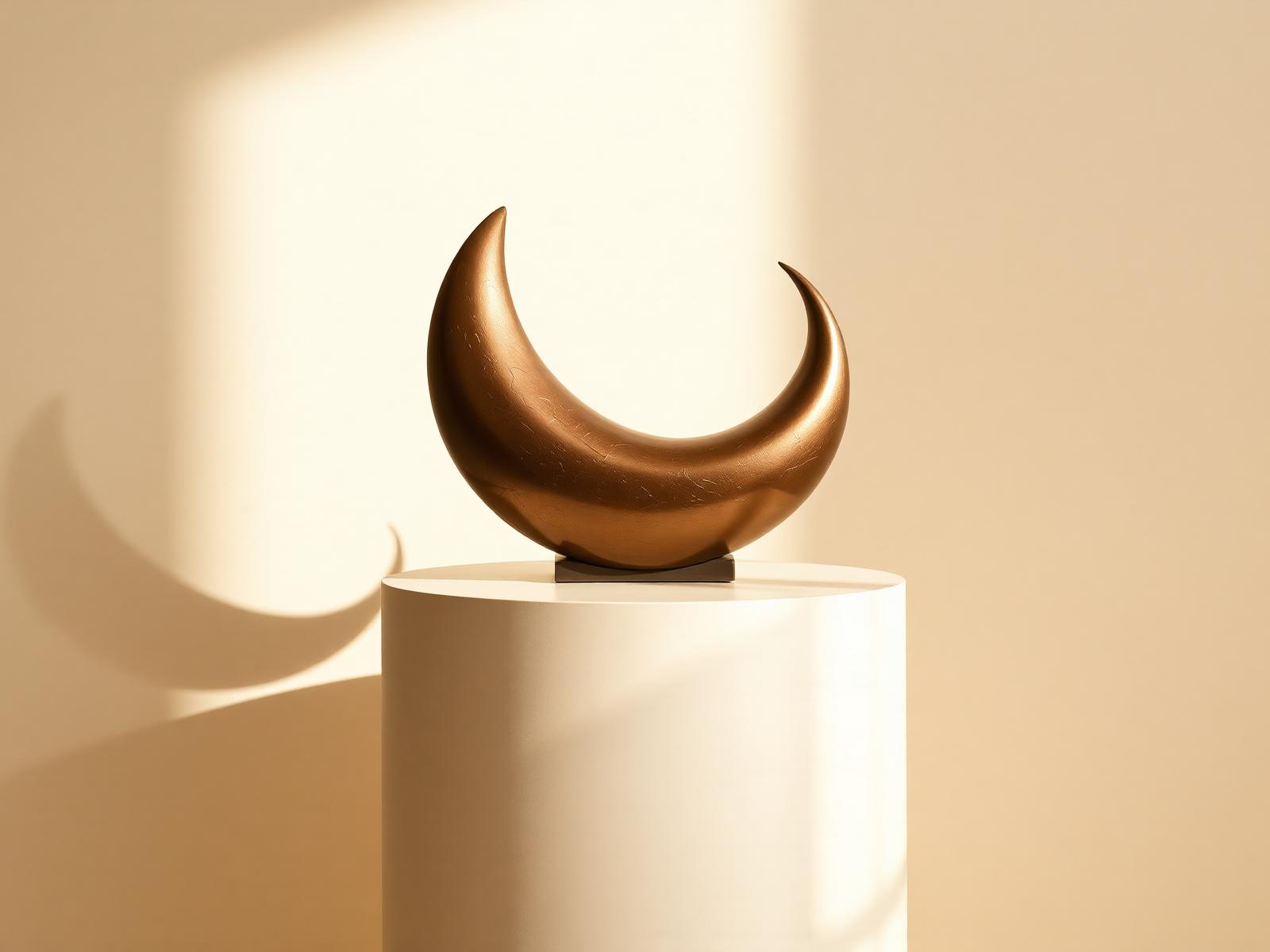 A curved bronze sculpture on a cream pedestal, softly lit to reveal its presence and form.