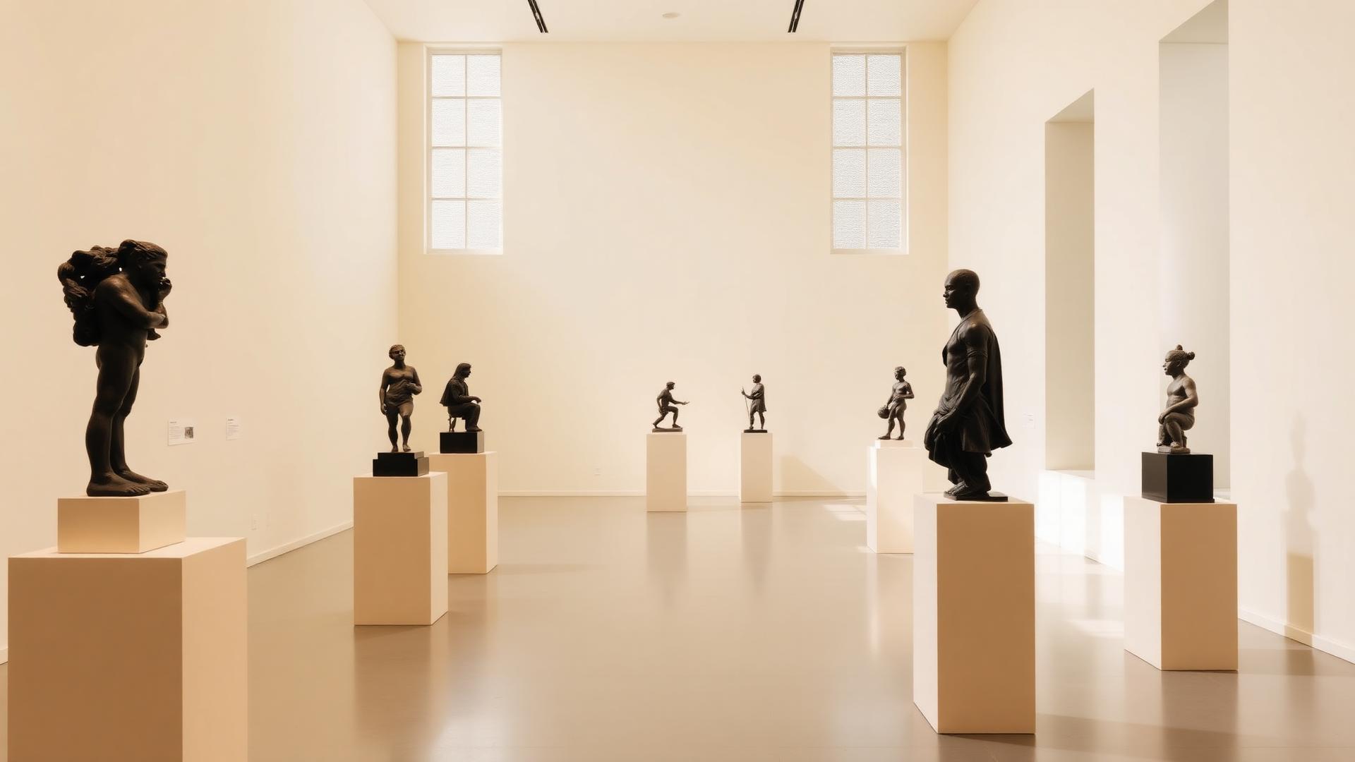 A wide, minimalist gallery interior with several bronze sculptures arranged on cream plinths.