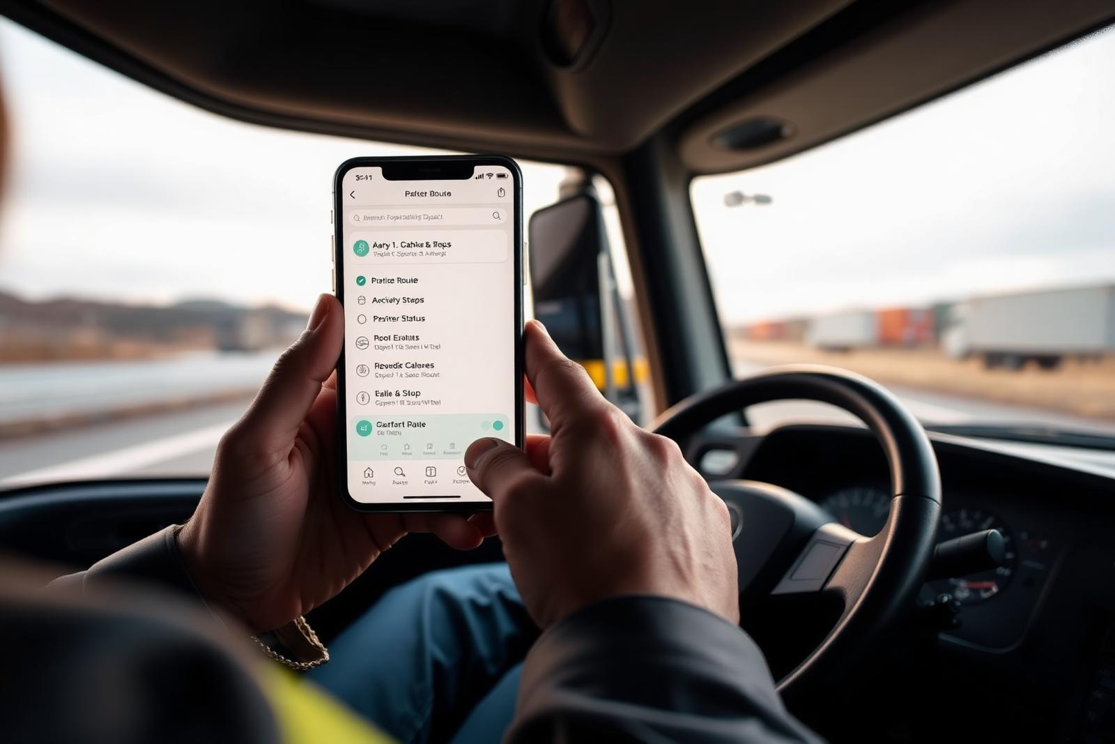 Transport app screens showing routes in queue, route in progress, stop details, DI access, evidence capture, incident reporting and completion at destination.