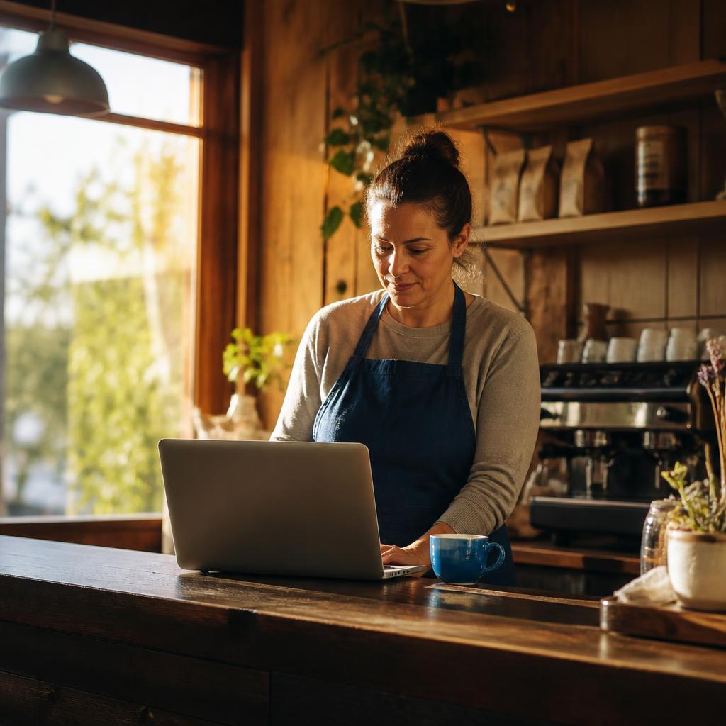 A small business owner stands calmly behind the counter of her warm wooden café at morning light, working on a laptop, wearing a vibrant blue apron.
