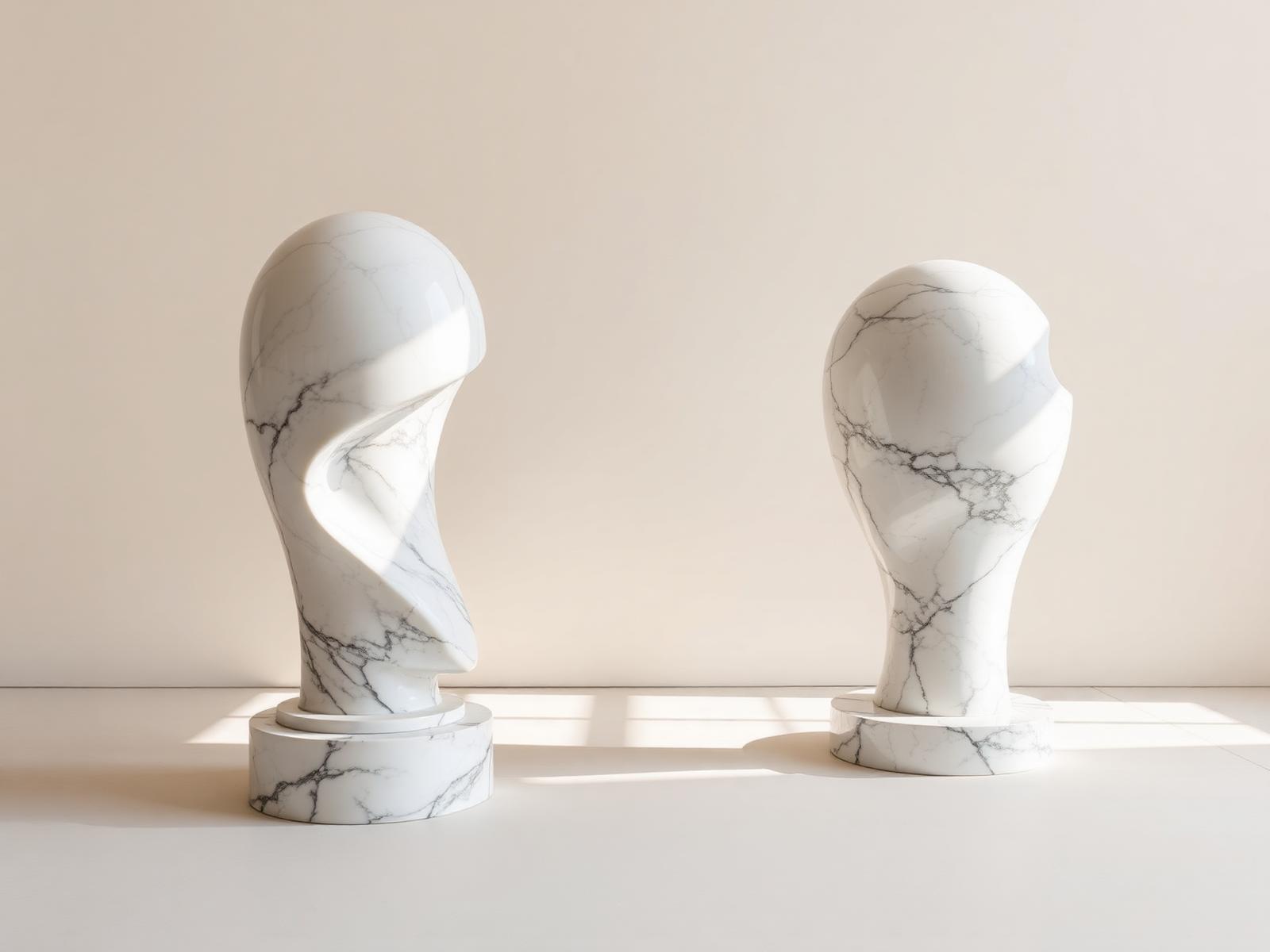 Two marble sculptures seen from different angles, their forms revealed by soft directional light.